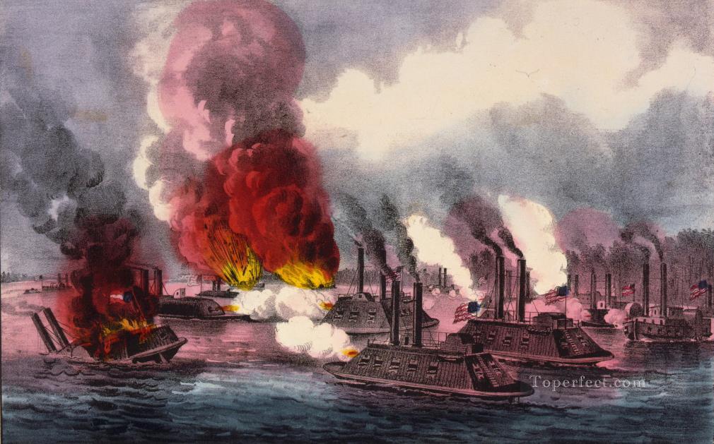 カーリエ・アイブス ライト砦近くのミシシッピ川での輝かしい海戦の勝利 1862 年の海戦油絵